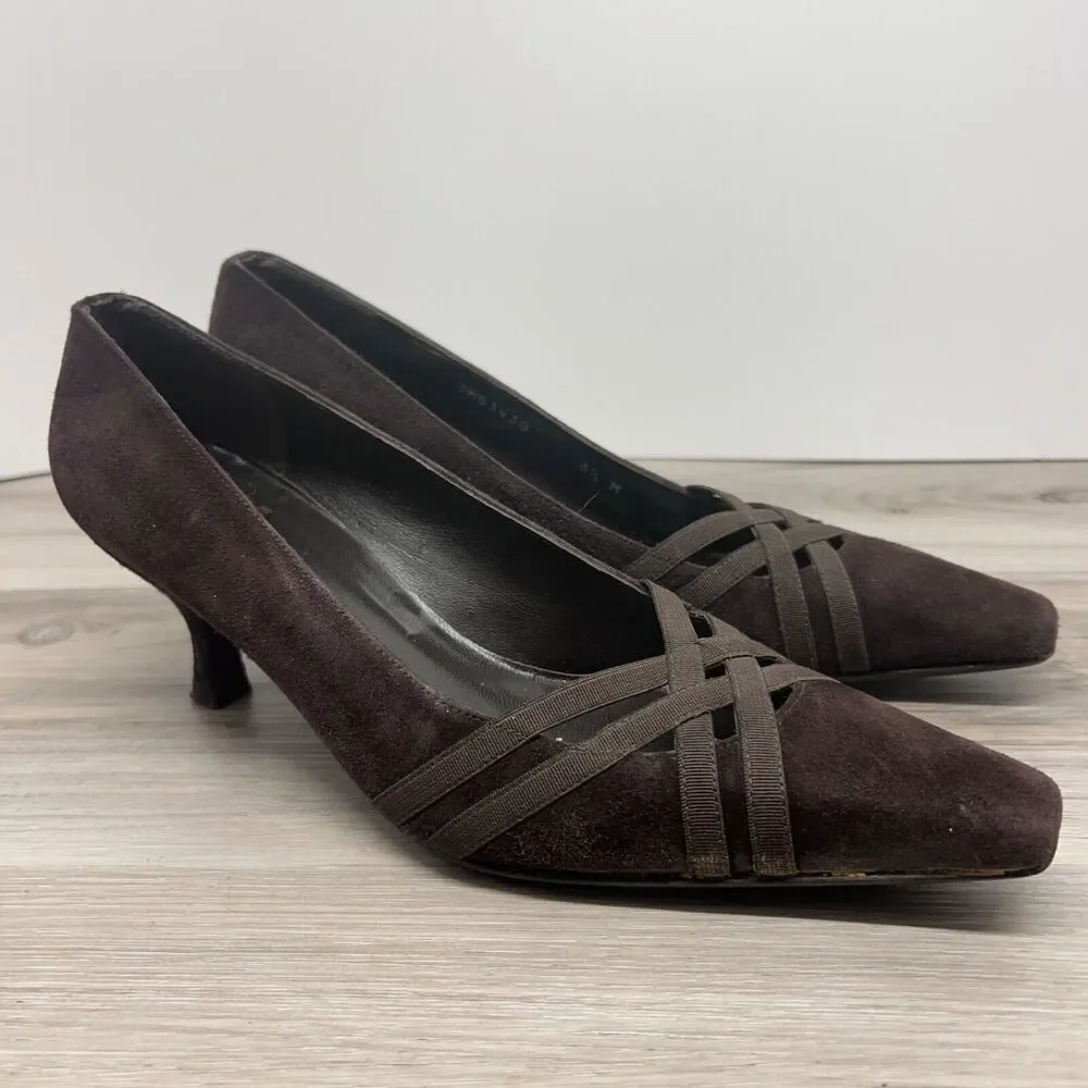 STUART‎ WEITZMAN pumps 6.5 M Dark Brown Strappy Suede Leather Pumps Kitten Heels
